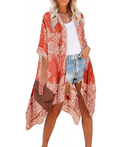 Women's Kimono Cardigan Summer Swimsuit Coverups Beach Cover Up with Floral Print for Vacation D Orange $16.78 Swimsuits