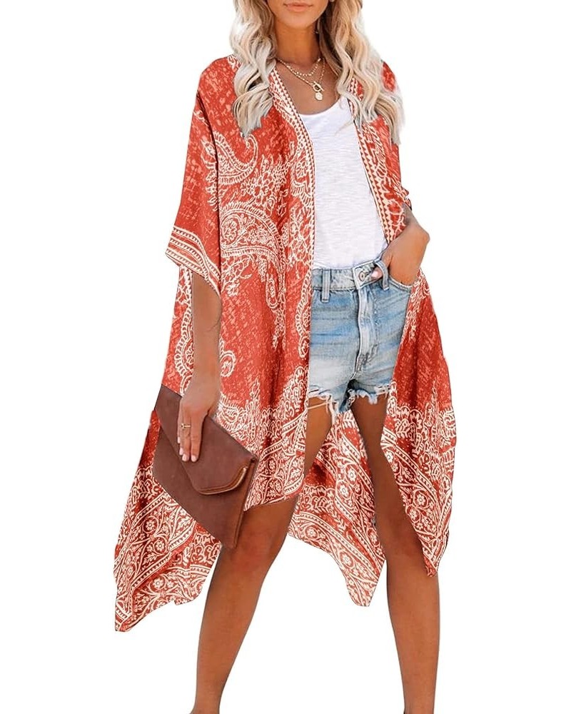 Women's Kimono Cardigan Summer Swimsuit Coverups Beach Cover Up with Floral Print for Vacation D Orange $16.78 Swimsuits