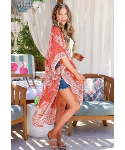 Women's Kimono Cardigan Summer Swimsuit Coverups Beach Cover Up with Floral Print for Vacation D Orange $16.78 Swimsuits