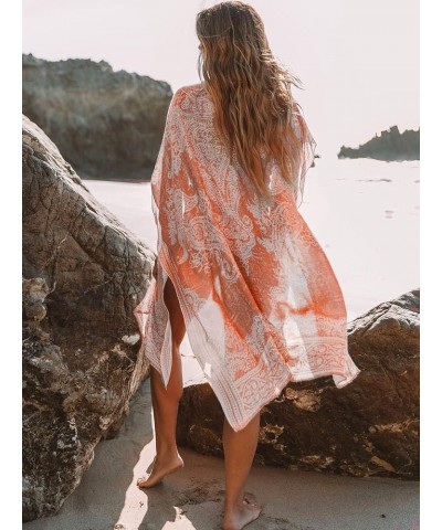 Women's Kimono Cardigan Summer Swimsuit Coverups Beach Cover Up with Floral Print for Vacation D Orange $16.78 Swimsuits