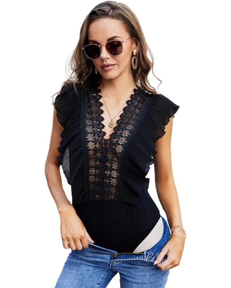 Women's Ruffle Short Sleeve Deep V Neck Lace Bodysuit Tops Shirt Black $10.25 Bodysuits