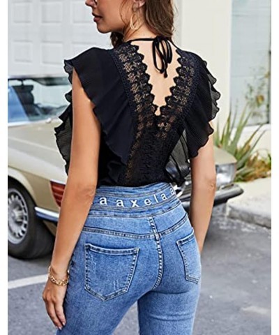 Women's Ruffle Short Sleeve Deep V Neck Lace Bodysuit Tops Shirt Black $10.25 Bodysuits