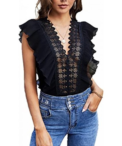 Women's Ruffle Short Sleeve Deep V Neck Lace Bodysuit Tops Shirt Black $10.25 Bodysuits