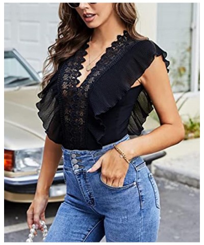 Women's Ruffle Short Sleeve Deep V Neck Lace Bodysuit Tops Shirt Black $10.25 Bodysuits