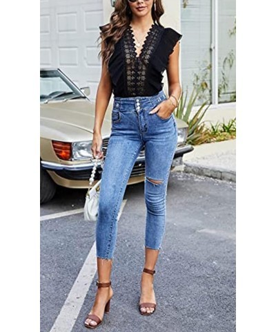 Women's Ruffle Short Sleeve Deep V Neck Lace Bodysuit Tops Shirt Black $10.25 Bodysuits