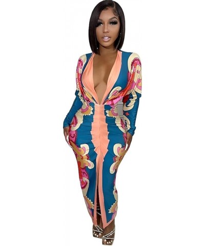 Womens Sexy Deep V-Neck Long Sleeve Floral Print Folds Split Dress Nightclub Bodycon Dress Blue $19.20 Dresses