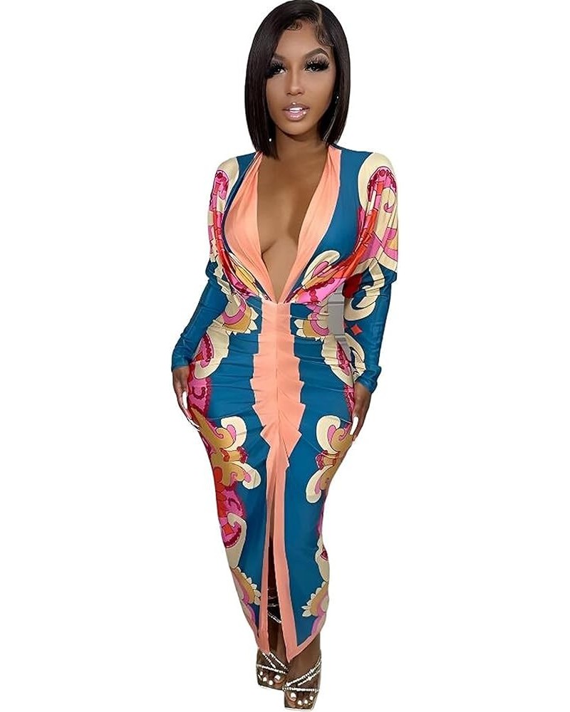 Womens Sexy Deep V-Neck Long Sleeve Floral Print Folds Split Dress Nightclub Bodycon Dress Blue $19.20 Dresses