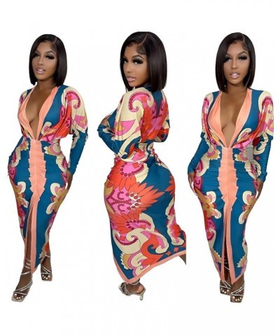 Womens Sexy Deep V-Neck Long Sleeve Floral Print Folds Split Dress Nightclub Bodycon Dress Blue $19.20 Dresses