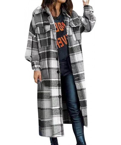 Plaid Shacket Womens,Womens Flannel Plaid Shirts Roll Up Long Sleeve Pockets Mid-Long Casual Boyfriend Shirts Grey $15.38 Blo...