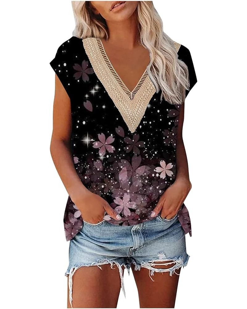 Womens Summer Tops, Cap Sleeve Tops, Trendy Tank Tops Floral Print Lace V Neck Loose Fit Shirts 02 black $9.85 Tanks