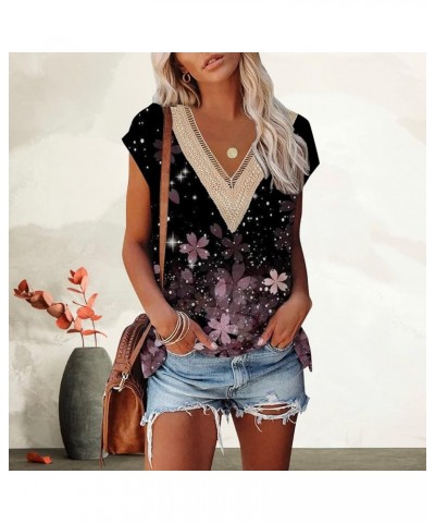 Womens Summer Tops, Cap Sleeve Tops, Trendy Tank Tops Floral Print Lace V Neck Loose Fit Shirts 02 black $9.85 Tanks