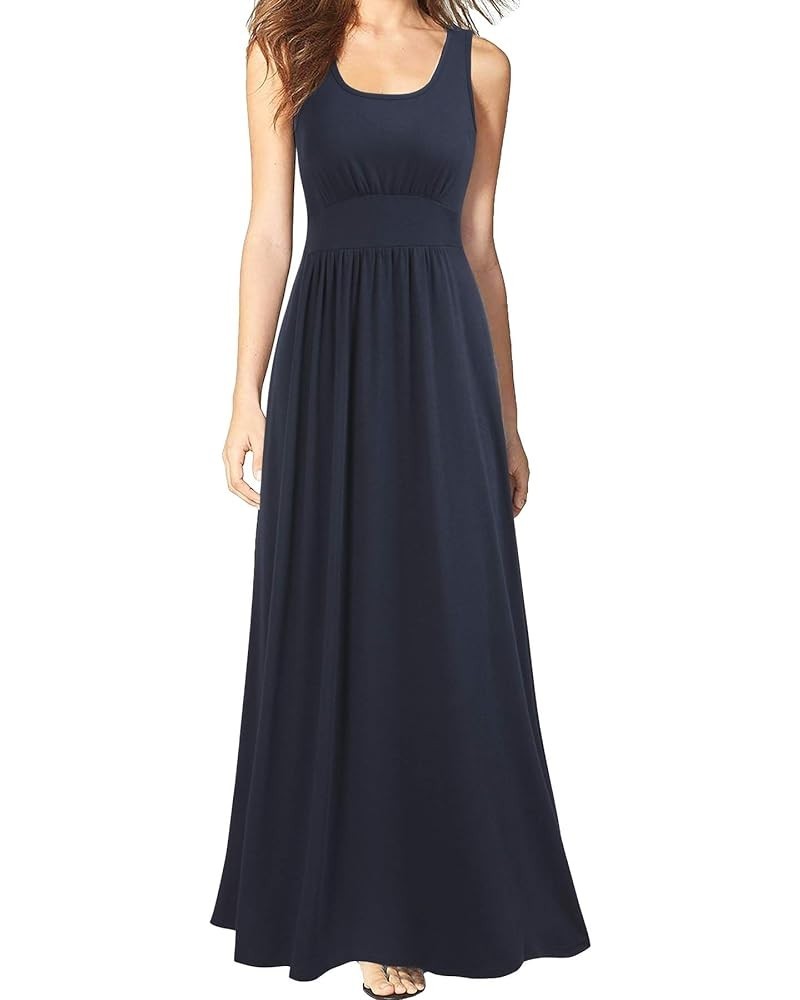 Women Sleeveless Scoop Neck Loose Plain Long Maxi Casual Dress Navy Blue $16.45 Dresses