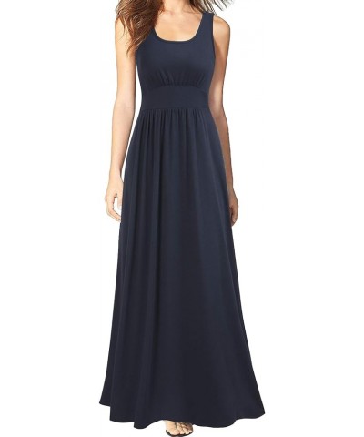 Women Sleeveless Scoop Neck Loose Plain Long Maxi Casual Dress Navy Blue $16.45 Dresses