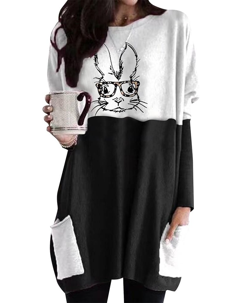 Womens Christmas Casual Print Sweatshirt Long Sleeve Round Neck Pocket T Shirts Blouses Tops Black Glasses Bunny $16.23 Hoodi...