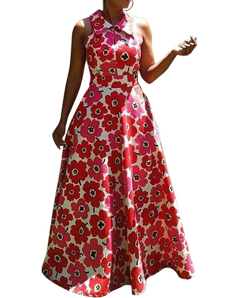 Lapel Floor-Length Sleeveless Floral Women's Maxi Dress Print Evening Party Long Dress Red $14.62 Dresses