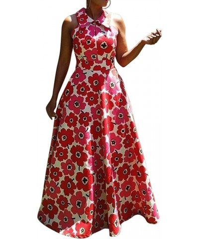 Lapel Floor-Length Sleeveless Floral Women's Maxi Dress Print Evening Party Long Dress Red $14.62 Dresses