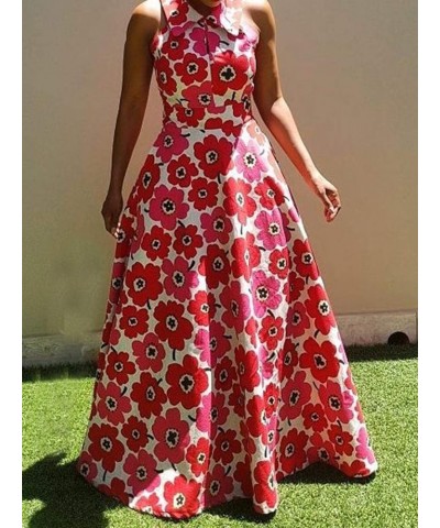 Lapel Floor-Length Sleeveless Floral Women's Maxi Dress Print Evening Party Long Dress Red $14.62 Dresses