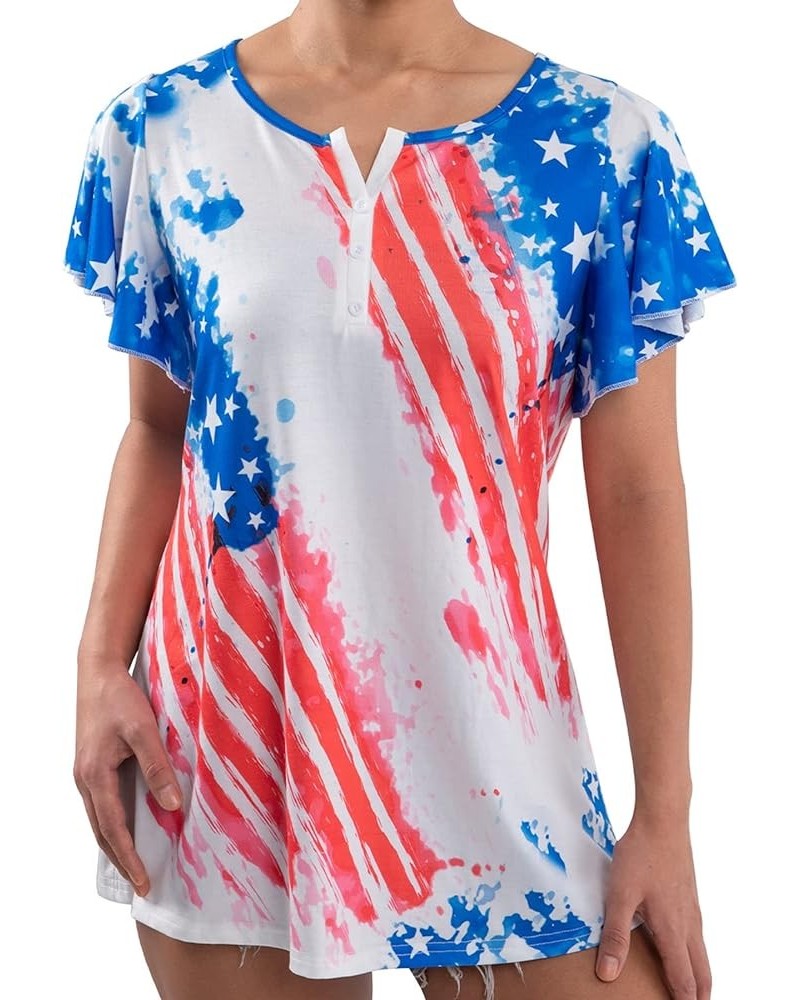 American Flag T Shirt Women USA Star Stripes Fourth July Tee Shirts Ruffle Short Sleeve V Neck T-Shirts Loose Fit Tops C-as S...