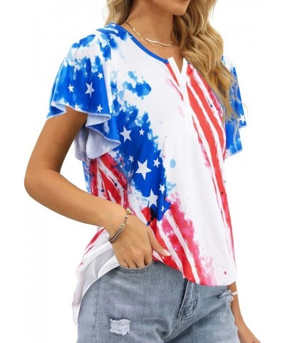 American Flag T Shirt Women USA Star Stripes Fourth July Tee Shirts Ruffle Short Sleeve V Neck T-Shirts Loose Fit Tops C-as S...