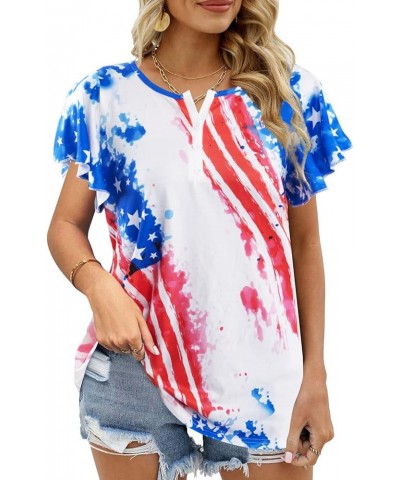 American Flag T Shirt Women USA Star Stripes Fourth July Tee Shirts Ruffle Short Sleeve V Neck T-Shirts Loose Fit Tops C-as S...