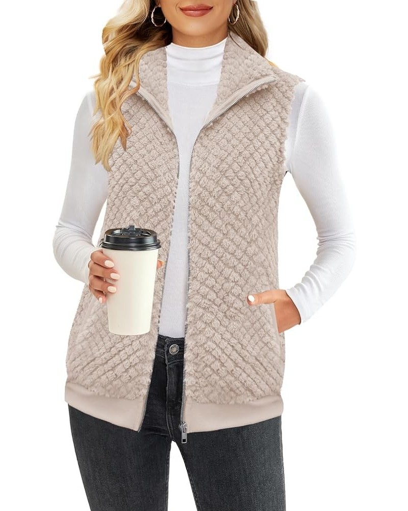 Womens Sleeveless Fleece Vest with Pockets Fuzzy Sherpa Vest Fluffy Zipper Jacket Warm Outerwear C-light Khaki $20.29 Vests