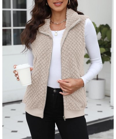 Womens Sleeveless Fleece Vest with Pockets Fuzzy Sherpa Vest Fluffy Zipper Jacket Warm Outerwear C-light Khaki $20.29 Vests