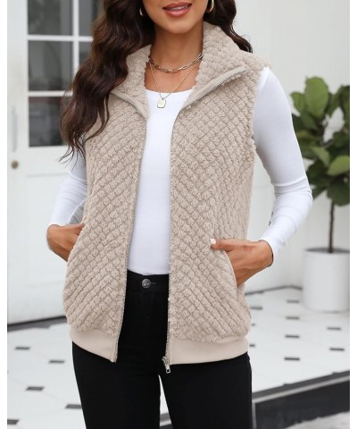 Womens Sleeveless Fleece Vest with Pockets Fuzzy Sherpa Vest Fluffy Zipper Jacket Warm Outerwear C-light Khaki $20.29 Vests