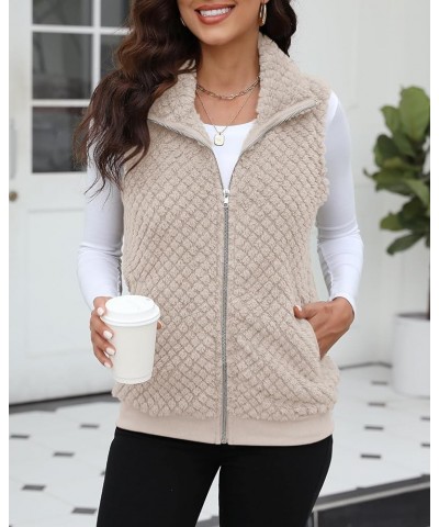 Womens Sleeveless Fleece Vest with Pockets Fuzzy Sherpa Vest Fluffy Zipper Jacket Warm Outerwear C-light Khaki $20.29 Vests