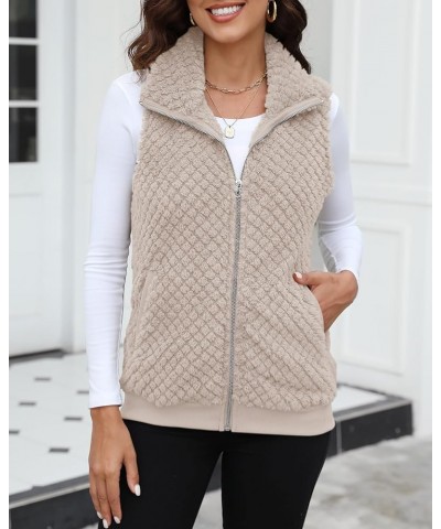 Womens Sleeveless Fleece Vest with Pockets Fuzzy Sherpa Vest Fluffy Zipper Jacket Warm Outerwear C-light Khaki $20.29 Vests