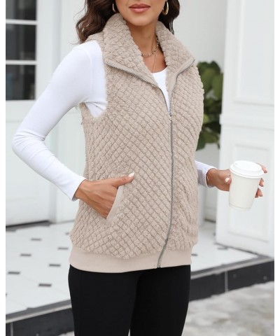 Womens Sleeveless Fleece Vest with Pockets Fuzzy Sherpa Vest Fluffy Zipper Jacket Warm Outerwear C-light Khaki $20.29 Vests