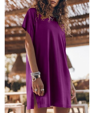 Women’s Summer Short Sleeve T-Shirt Dress Casual Loose Slit Beach Mini Dress Tunic Top Purple $19.79 Dresses