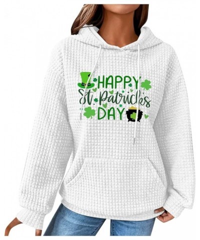 Women's Waffle Hoodie Sweatshirt St. Patrick's Day Long Sleeve Drawstring Pullover Loose Fit Cozy Tops With Pocket 03-white $...