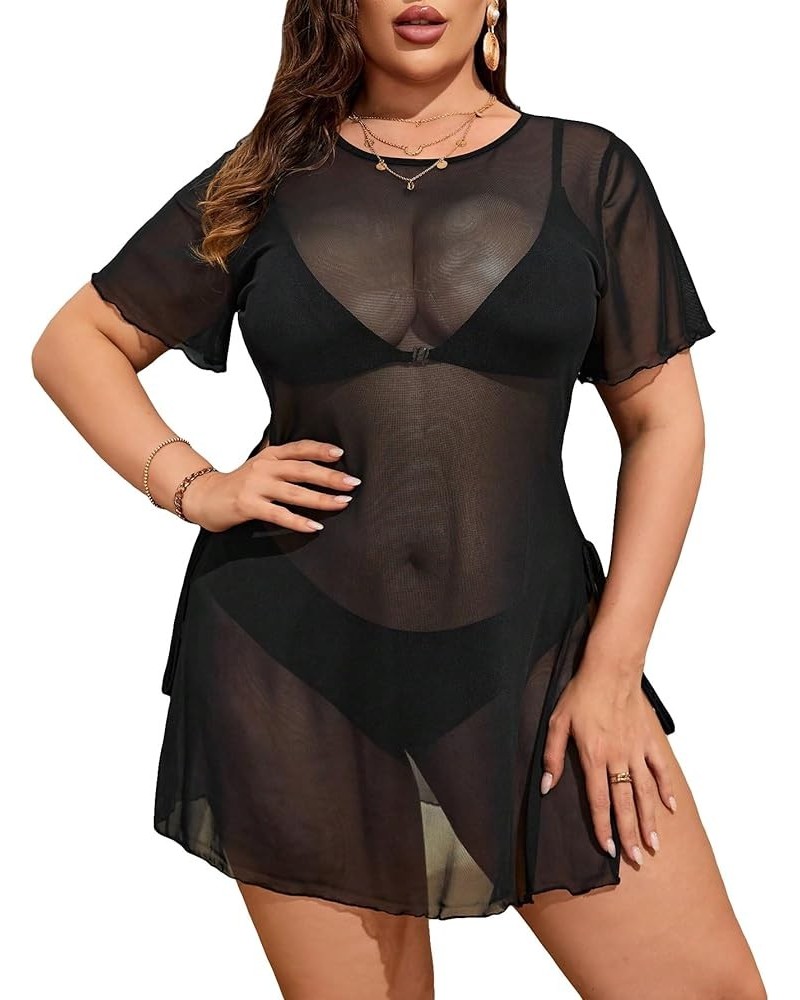 Women's Plus Size V Neck Lettuce Trim Short Sleeve Sheer Cover Up Beachwear Dark Black $12.25 Swimsuits