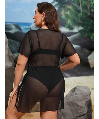 Women's Plus Size V Neck Lettuce Trim Short Sleeve Sheer Cover Up Beachwear Dark Black $12.25 Swimsuits