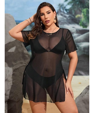 Women's Plus Size V Neck Lettuce Trim Short Sleeve Sheer Cover Up Beachwear Dark Black $12.25 Swimsuits