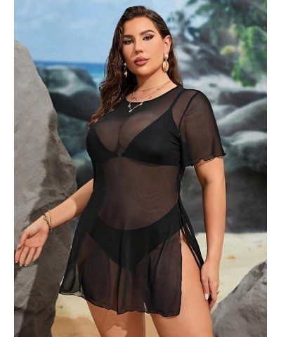 Women's Plus Size V Neck Lettuce Trim Short Sleeve Sheer Cover Up Beachwear Dark Black $12.25 Swimsuits