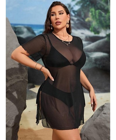 Women's Plus Size V Neck Lettuce Trim Short Sleeve Sheer Cover Up Beachwear Dark Black $12.25 Swimsuits