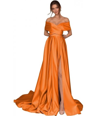 Women's Off The Shoulder Prom Dresses Satin Long Formal Evening Gowns Ruched with Pockets Orange $39.10 Dresses