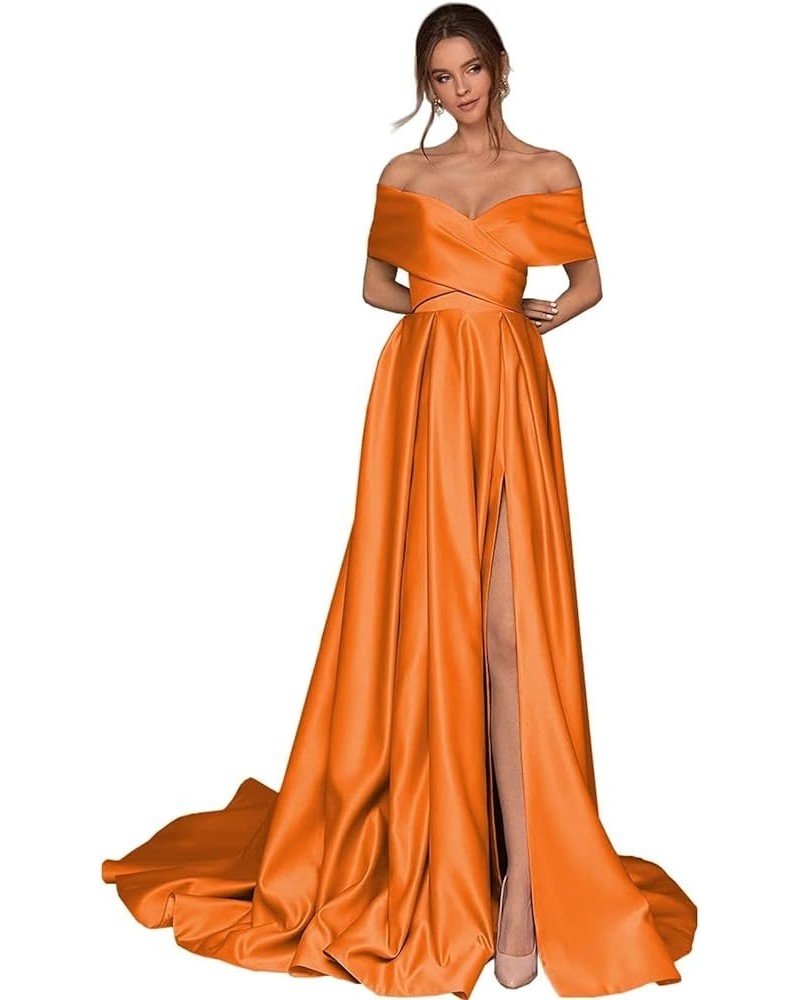 Women's Off The Shoulder Prom Dresses Satin Long Formal Evening Gowns Ruched with Pockets Orange $39.10 Dresses