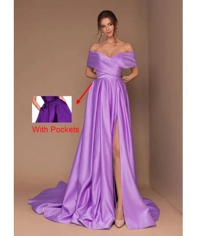 Women's Off The Shoulder Prom Dresses Satin Long Formal Evening Gowns Ruched with Pockets Orange $39.10 Dresses