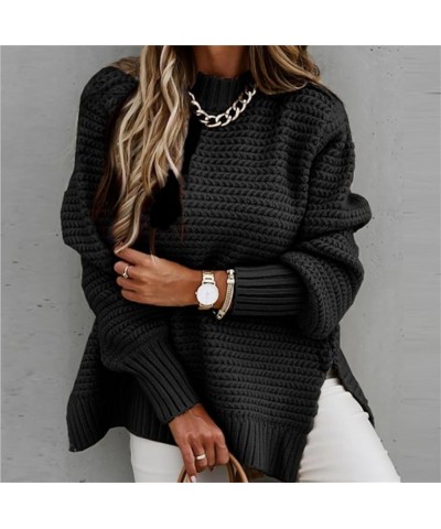 Oversized Sweater for Women Winter Turtleneck Solid Side Slit Sweaters Long Sleeve Chunky Cable Knit Jumper Tops Black $10.19...