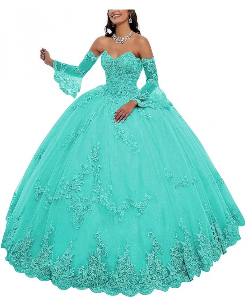 Tulle Quinceanera Dresses Laces Applique Ball Gown with Sleeve Sweetheart Prom Dress Sweet 16 Dress Turquoise $45.15 Dresses