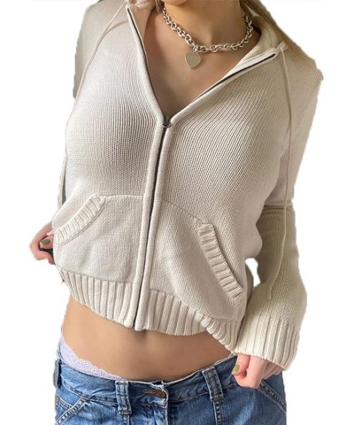 Women Cropped Zip Up Hoodie Sweater Jacket 2023 Fall Casual Hooded Top Long Sleeve Ribbed Knit Sweatshirts A White $14.29 Hoo...