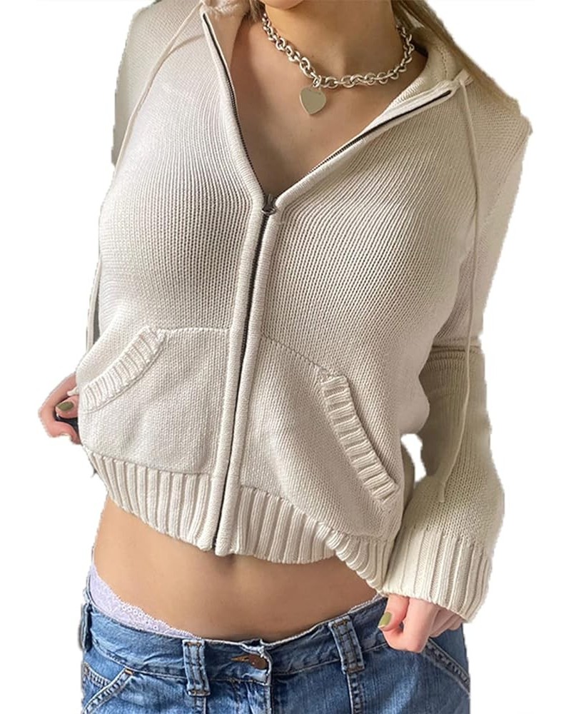 Women Cropped Zip Up Hoodie Sweater Jacket 2023 Fall Casual Hooded Top Long Sleeve Ribbed Knit Sweatshirts A White $14.29 Hoo...