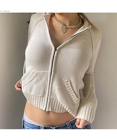 Women Cropped Zip Up Hoodie Sweater Jacket 2023 Fall Casual Hooded Top Long Sleeve Ribbed Knit Sweatshirts A White $14.29 Hoo...