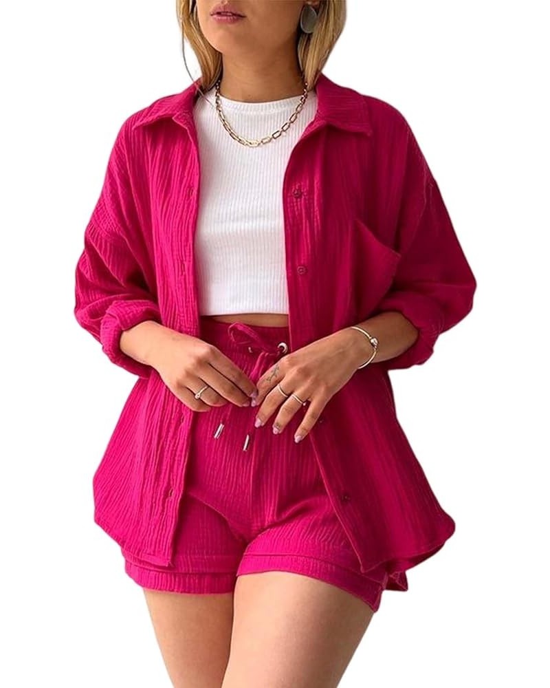 Women 2 Piece Outfits Set Lounge Tracksuit Long Sleeve Summer Vacation Button Down Shirt Short Sets Rosered $13.99 Activewear