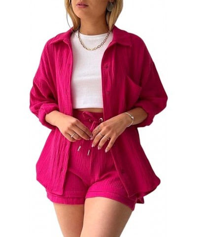 Women 2 Piece Outfits Set Lounge Tracksuit Long Sleeve Summer Vacation Button Down Shirt Short Sets Rosered $13.99 Activewear