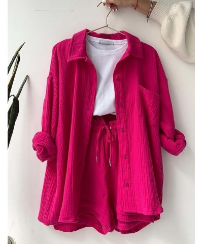 Women 2 Piece Outfits Set Lounge Tracksuit Long Sleeve Summer Vacation Button Down Shirt Short Sets Rosered $13.99 Activewear