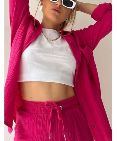 Women 2 Piece Outfits Set Lounge Tracksuit Long Sleeve Summer Vacation Button Down Shirt Short Sets Rosered $13.99 Activewear