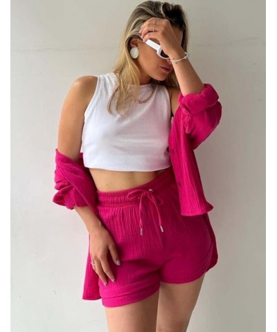 Women 2 Piece Outfits Set Lounge Tracksuit Long Sleeve Summer Vacation Button Down Shirt Short Sets Rosered $13.99 Activewear